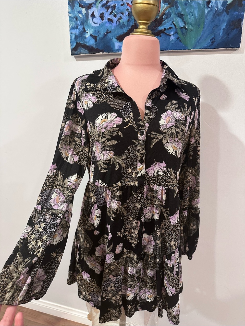 Style & Co. Black Floral Button-Tiered Tunic with Lavender Accents